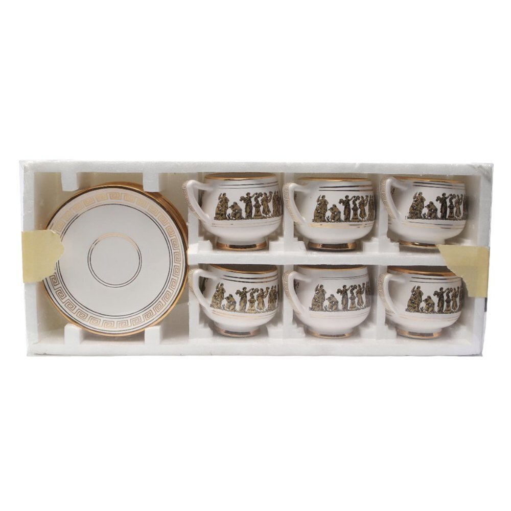 Vintage Greek Arguros 24K Gold Trim Ceramic Tea Cup Saucer Set 6 Coffee Greece